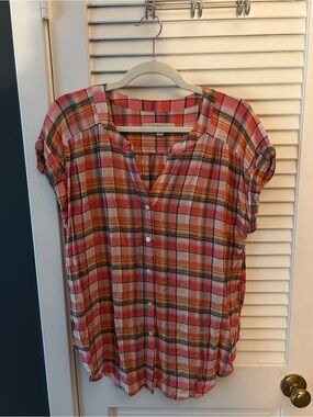 LOFT Coral Pink Plaid Button-Front Blouse